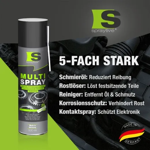 500 ml Multi Spray – 5-in-1 Kriechöl & Multifunktionsöl – Rostlöser, Schmiermittel, Kontaktspray, Reiniger & Korrosionsschutz