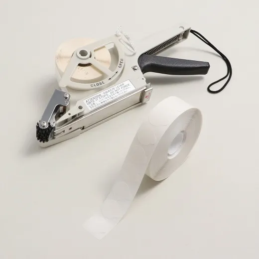 Doppelseitige Klebepunkte, Abdeckpapier mit Anfasslasche, 1-bahnig für TOWA Etikettenspender APF-30, Rolle mit 1.200 Stück