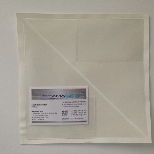 Dreiecktaschen 150 x 150 mm, mit aufgeschweißter Visitenkartentasche, für die linke Seite, selbstklebend, PP-Folie 120 µm, transparent